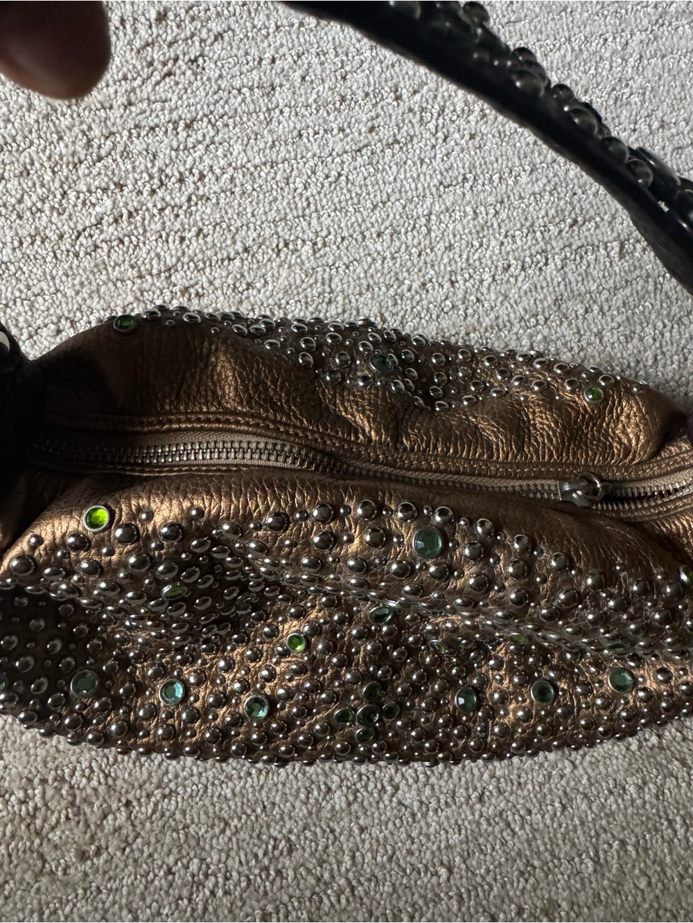 Y2K G Series Cole Haan Bronze Leather Studded Crystal Hobo Shoulder Bag - Picture 5 of 16